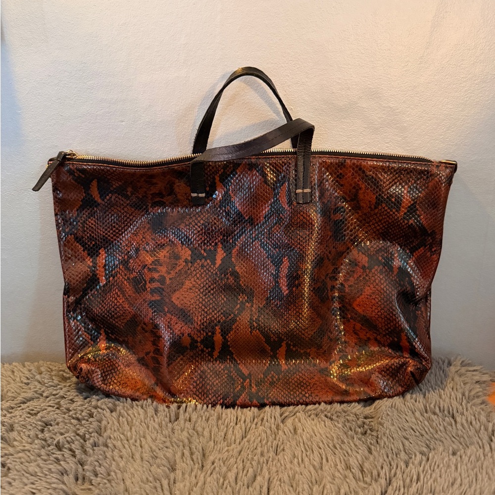 Clare V Brown Snakeskin-Print Tote Bag
